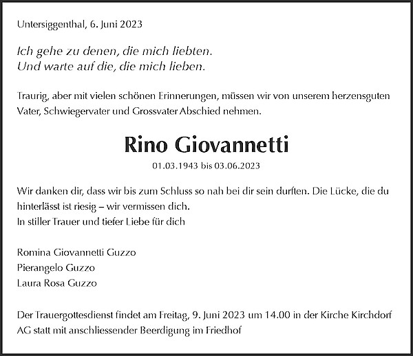 Avis de décès de Rino Giovannetti