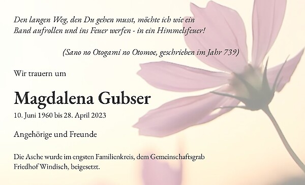 Obituary Magdalena Gubser, Brugg