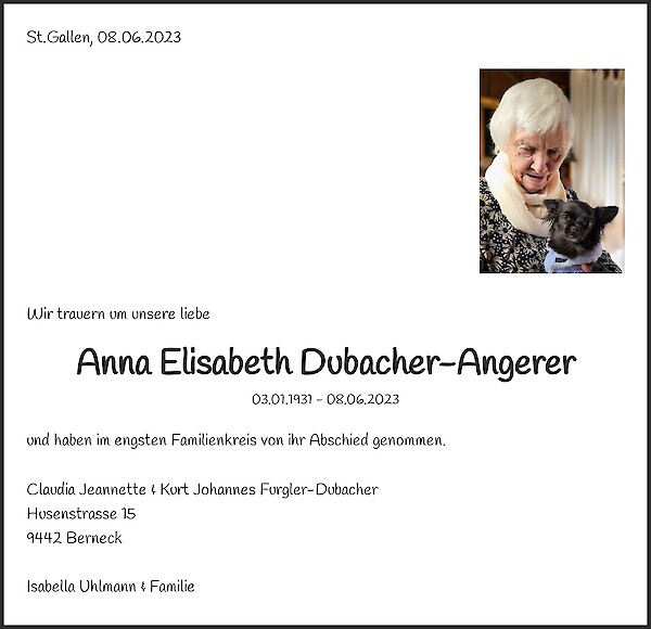 Avis de décès de Anna Elisabeth Dubacher-Angerer