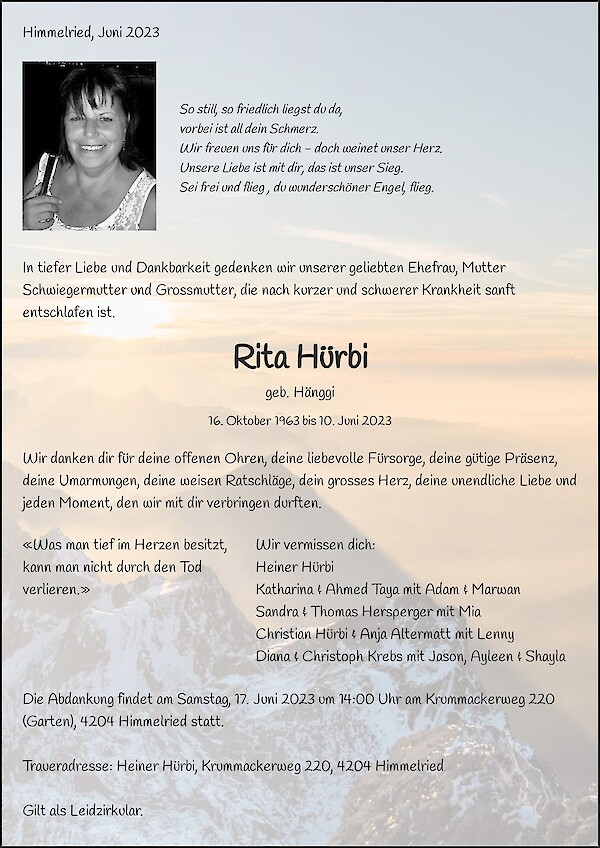Avis de décès de Rita Hürbi, Himmelried