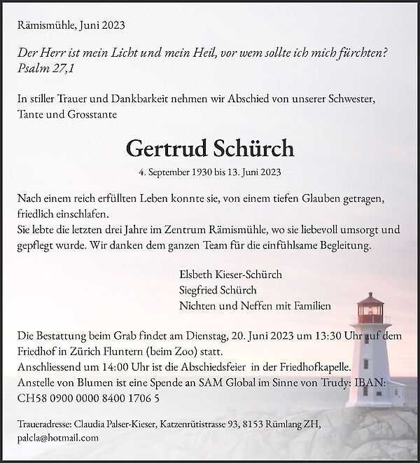 Avis de décès de Gertrud Schürch