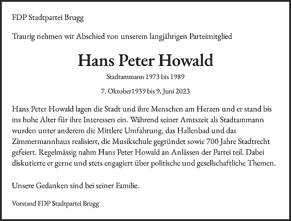 Avis de décès de Hans Peter Howald, Brugg