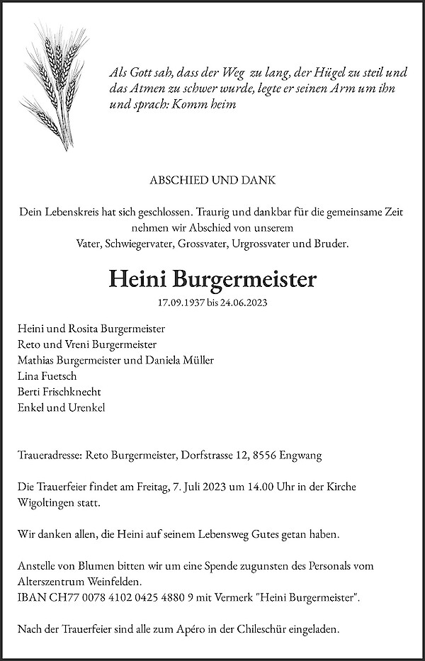 Avis de décès de Heini Burgermeister