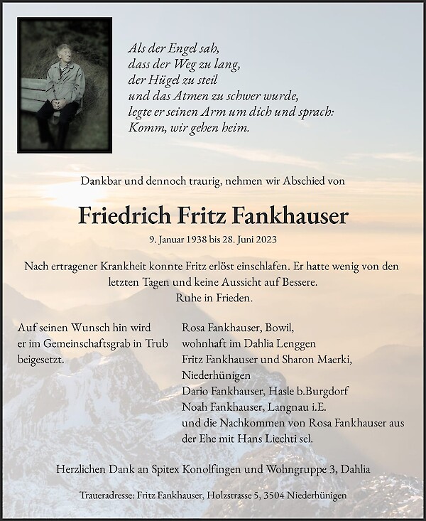 Todesanzeige von Friedrich Fritz Fankhauser