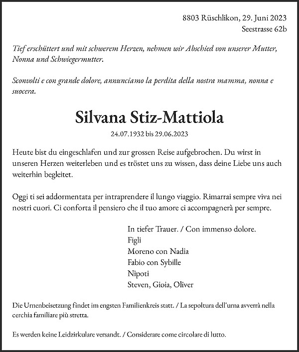 Todesanzeige von Silvana Stiz-Mattiola