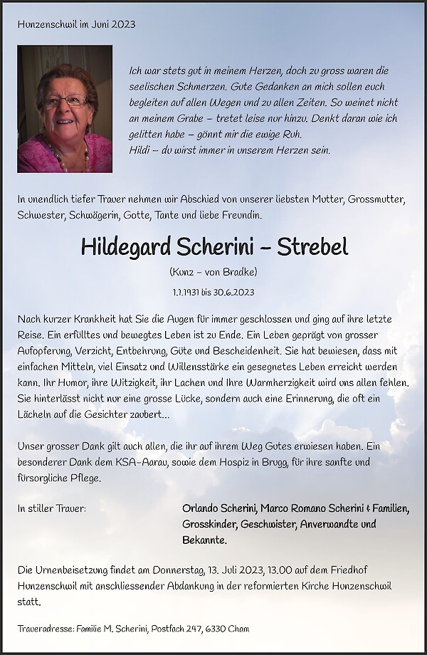 Avis de décès de Hildegard Scherini - Strebel, Hunzenschwil