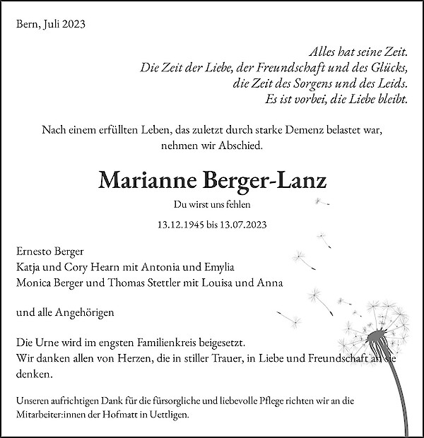 Avis de décès de Marianne Berger-Lanz