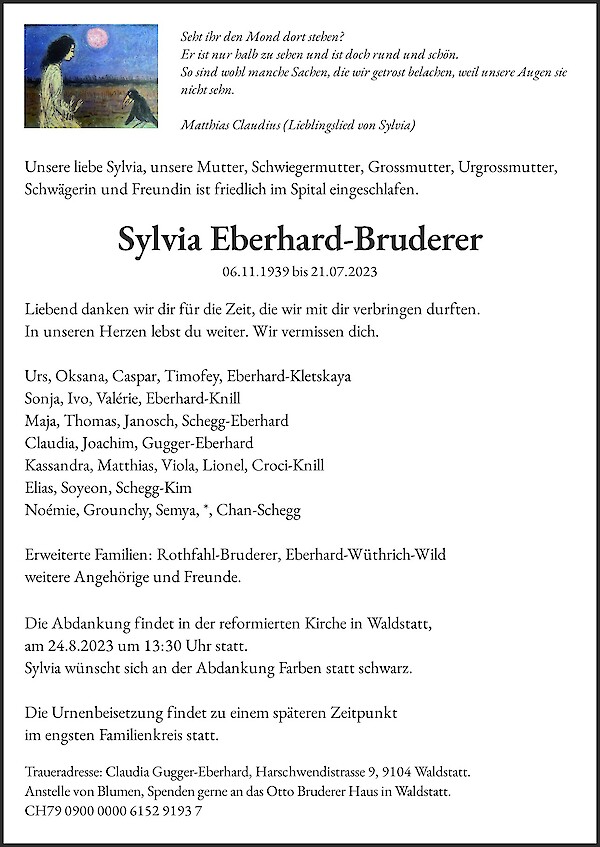 Todesanzeige von Sylvia Eberhard-Bruderer