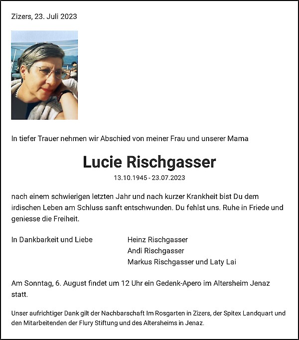 Todesanzeige von Lucie Rischgasser