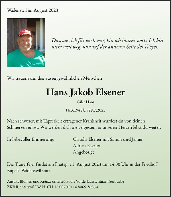 Todesanzeige von Hans Jakob Elsener
