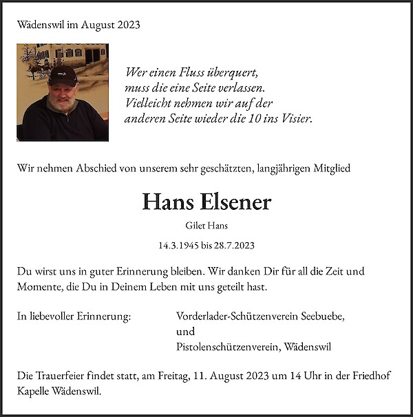 Todesanzeige von Hans Elsener