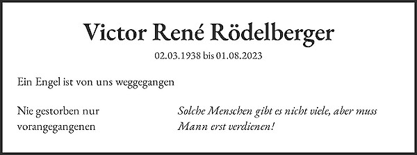 Avis de décès de Victor René Rödelberger, Zürich