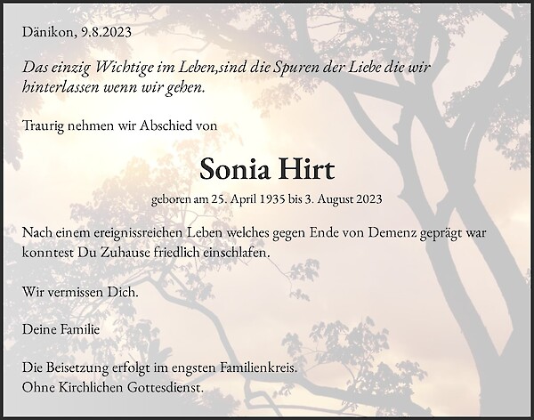 Obituary Sonia Hirt, Dänikon