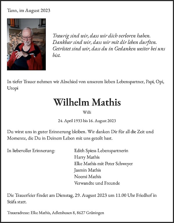 Obituary Wilhelm Mathis, Tann