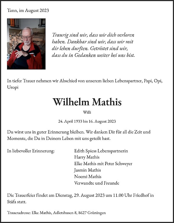 Avis de d&eacute;c&egrave;s de Wilhelm Mathis, Tann