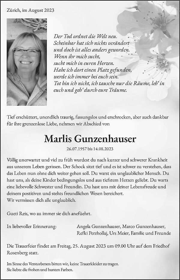 Obituary Marlis Gunzenhauser, Winterthur