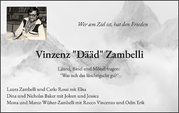Avis de décès de Vinzenz "Dääd" Zambelli