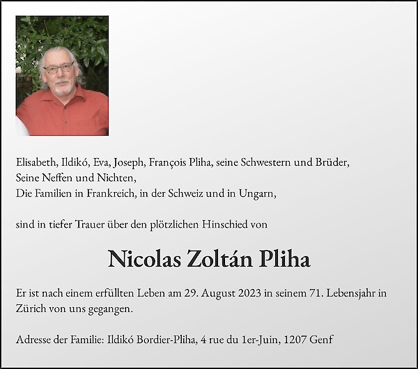 Obituary Nicolas Zoltán Pliha, Regensdorf