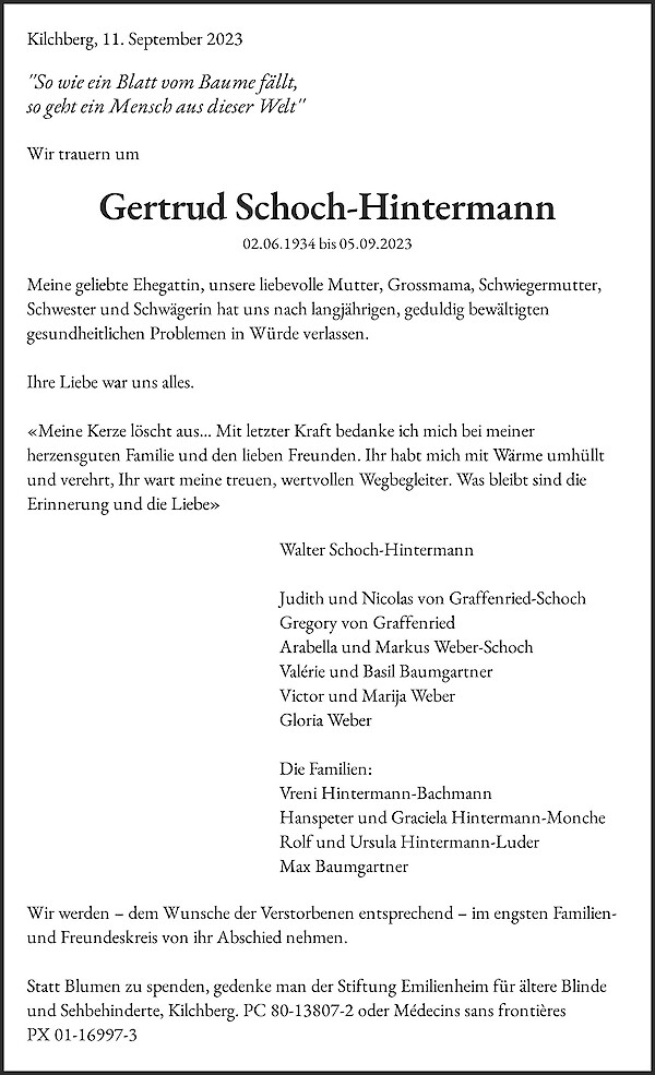 Obituary Gertrud Schoch-Hintermann