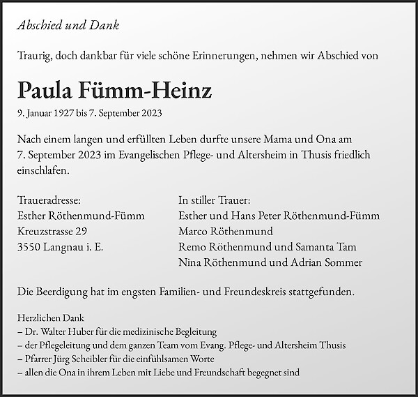 Obituary Paula Fümm-Heinz