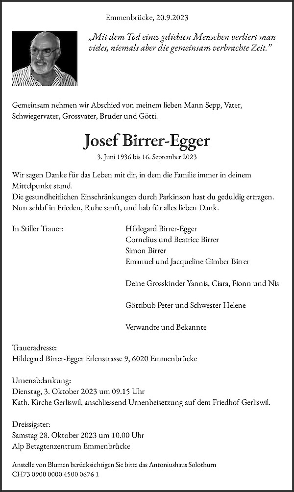 Obituary Josef Birrer-Egger, Emmenbücke