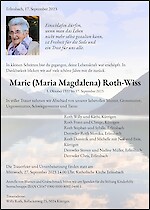 Necrologio Marie (Maria Magdalena) Roth-Wiss