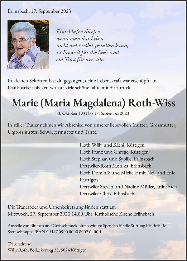 Obituary Marie (Maria Magdalena) Roth-Wiss