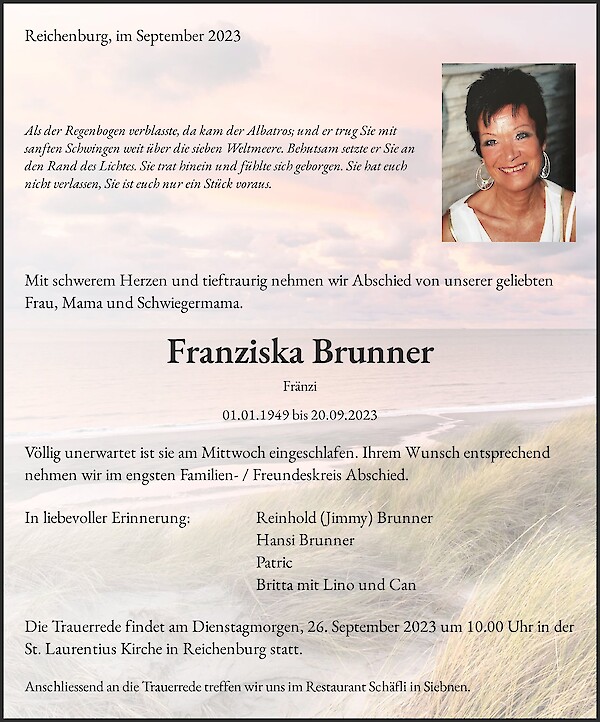 Avis de décès de Franziska Brunner, Reichenburg