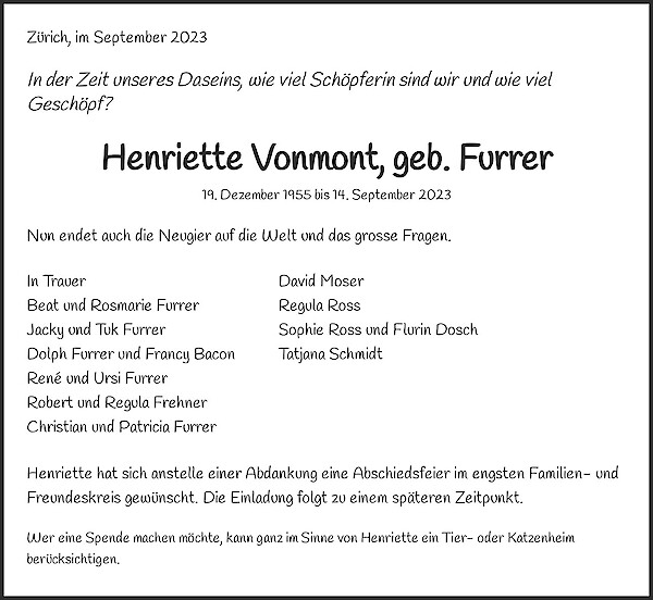 Necrologio Henriette Vonmont, geb. Furrer