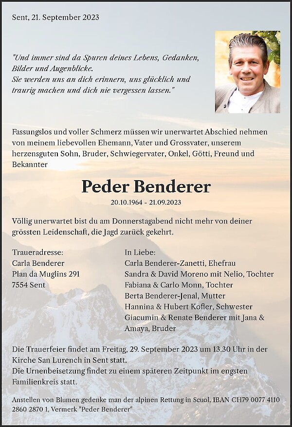 Avis de décès de Peder Benderer