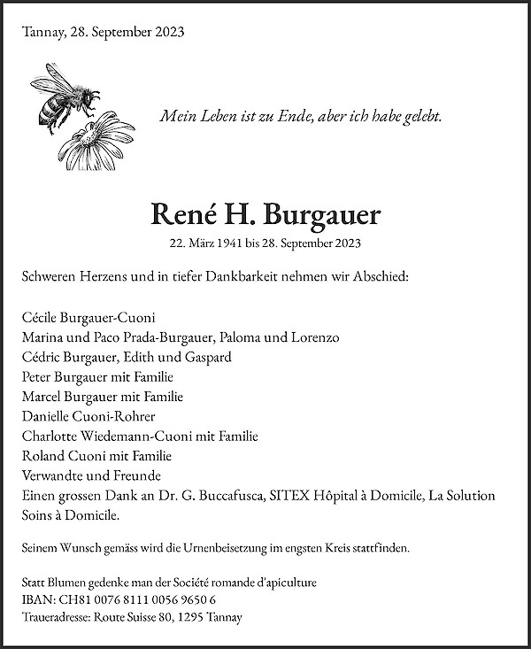 Avis de décès de René H. Burgauer, Tannay