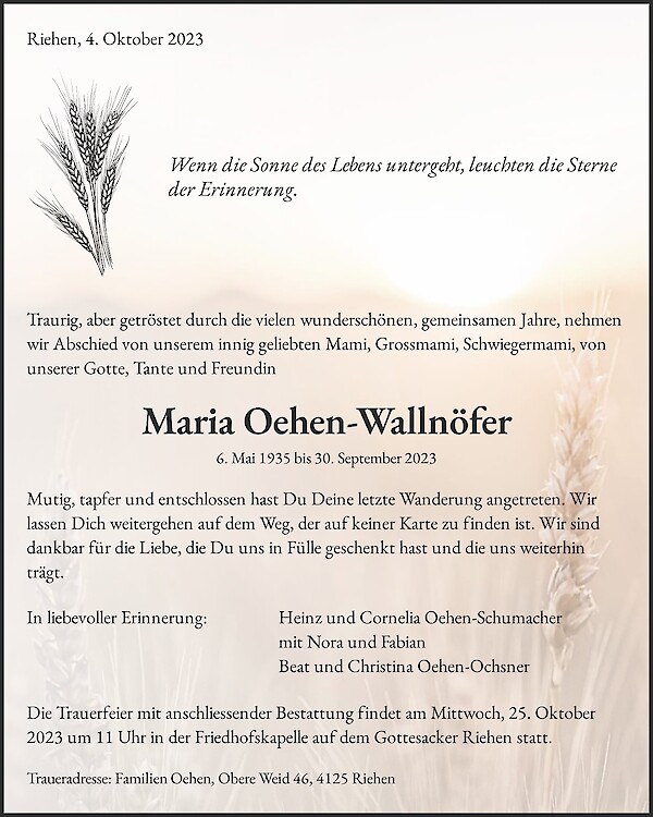 Necrologio Maria Oehen-Wallnöfer