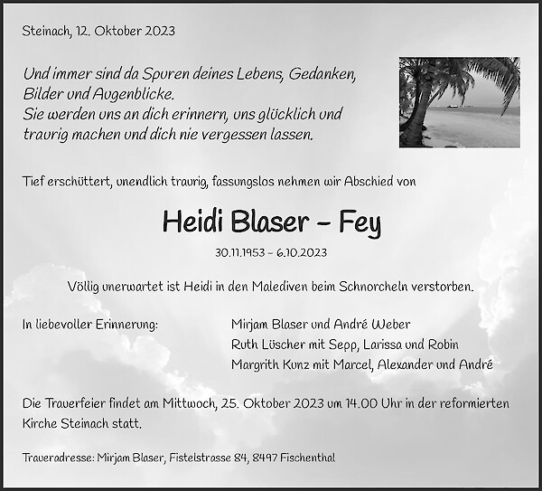 Obituary Heidi Blaser - Fey, Steinach