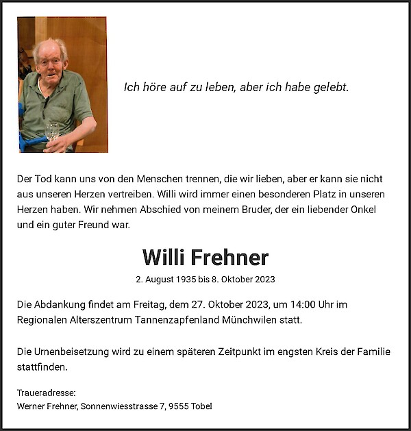 Avis de décès de Willi Frehner, Münchwilen
