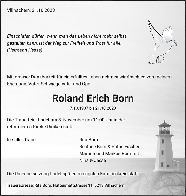 Todesanzeige von Roland Erich Born, Villnachern
