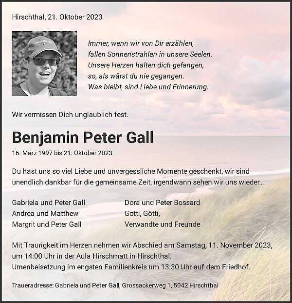 Avis de décès de Benjamin Peter Gall