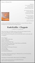 Avis de décès Ruth Reiffer - Chappuis, Riehen