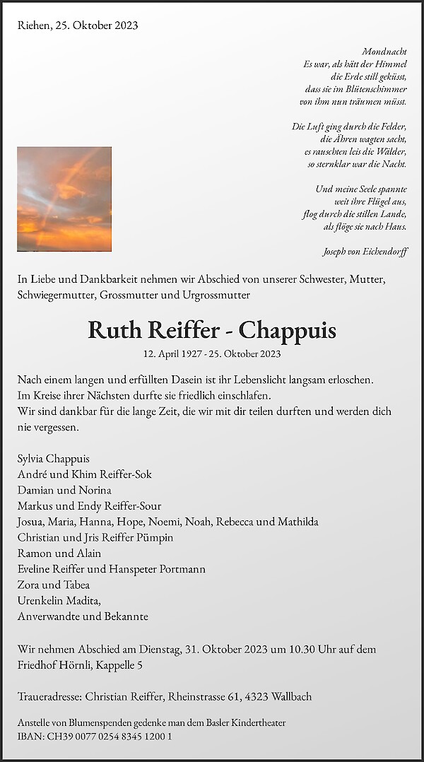 Avis de décès de Ruth Reiffer - Chappuis, Riehen