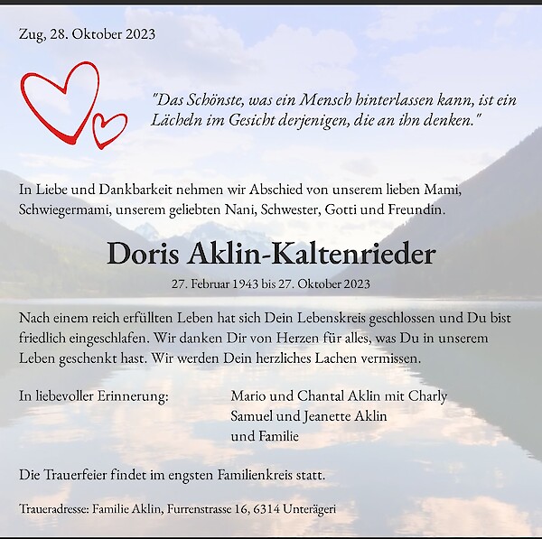 Avis de décès de Doris Aklin-Kaltenrieder