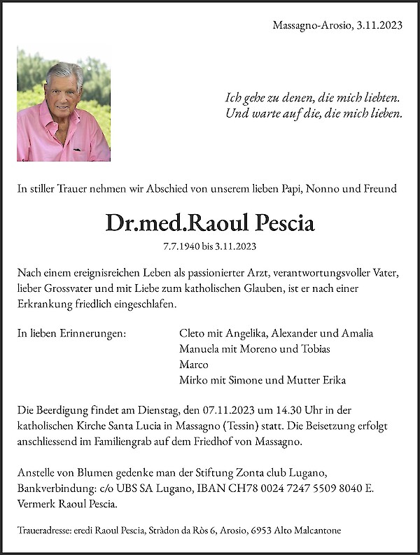 Avis de décès de Dr.med.Raoul Pescia, Alto Malcantone