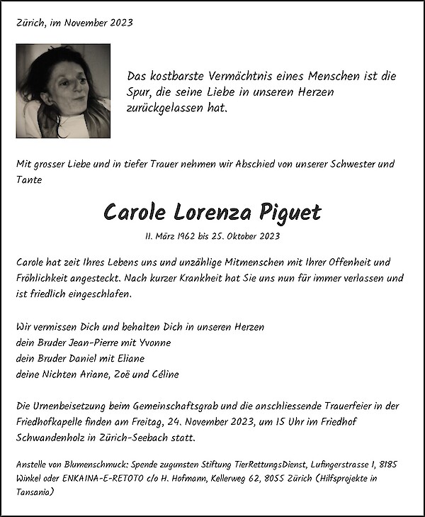 Todesanzeige von Carole Lorenza Piguet