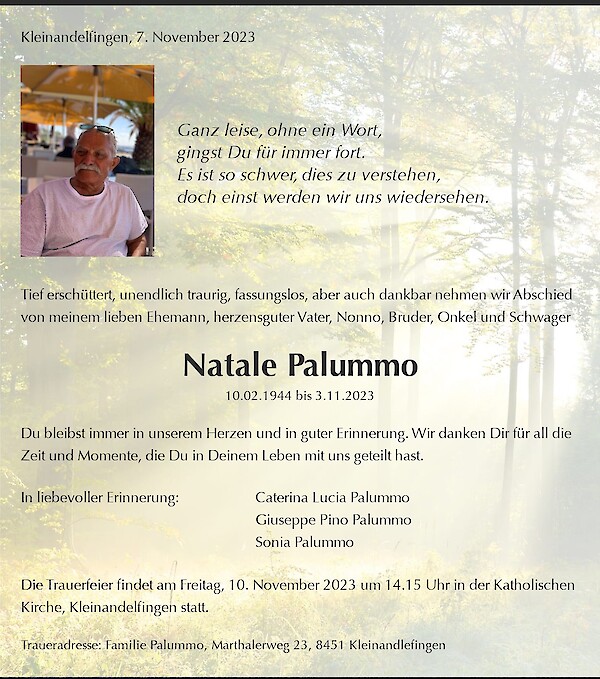 Avis de décès de Natale Palummo, Kleinandelfingen