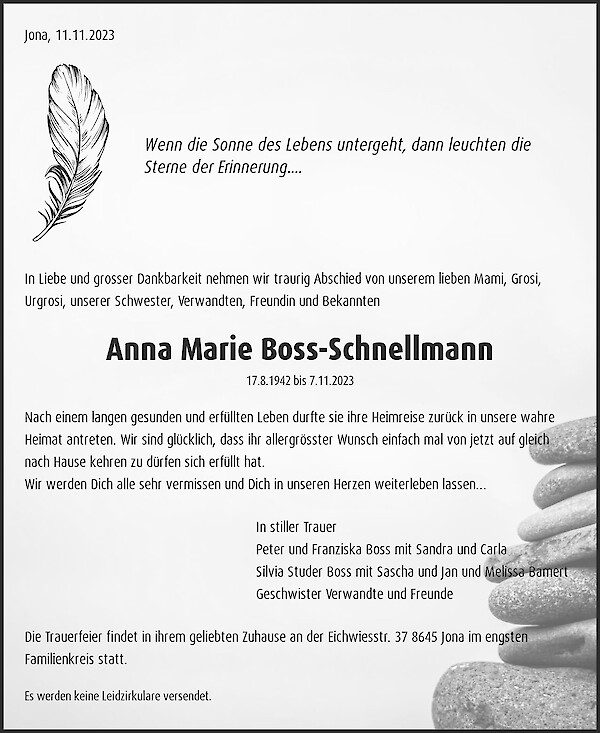 Avis de décès de Anna Marie Boss-Schnellmann, Jona