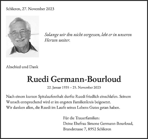 Avis de décès de Ruedi Germann-Bourloud