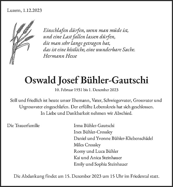 Avis de décès de Oswald Josef Bühler-Gautschi, Luzern