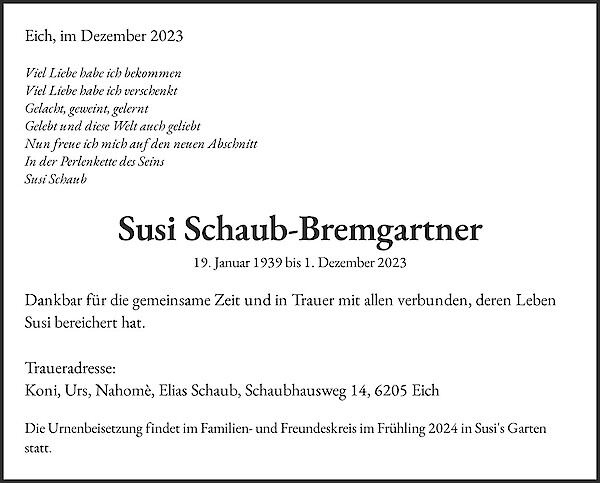 Necrologio Susi Schaub-Bremgartner
