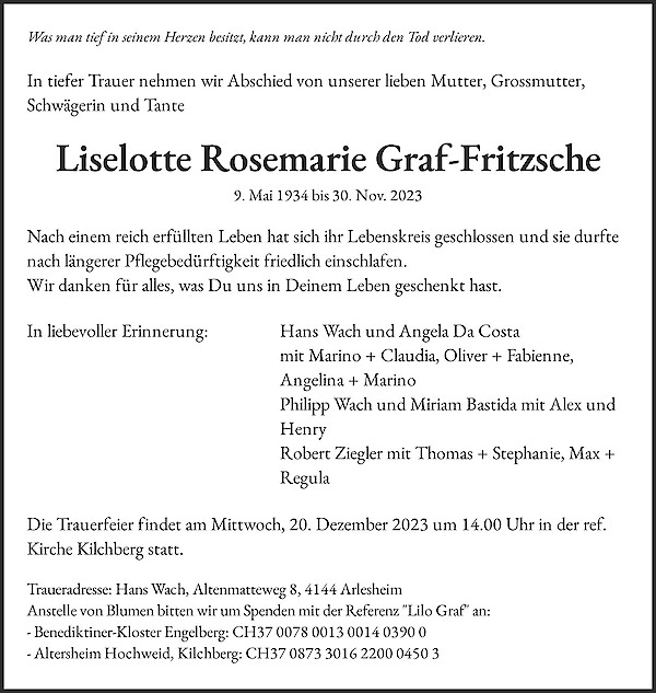 Avis de décès de Liselotte Rosemarie Graf-Fritzsche