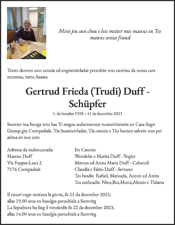 Necrologio Gertrud Frieda ( Trudi) Duff - Schüpfer