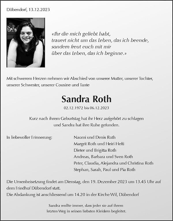Todesanzeige von Sandra Roth, Dübendorf