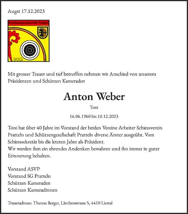 Avis de décès de Anton Weber